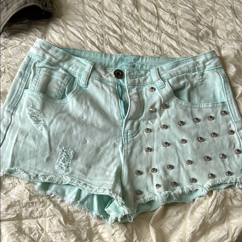 Blue Distressed Jean Shorts with Perforated Design